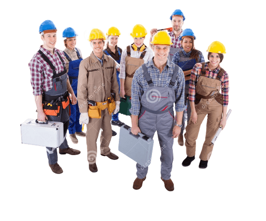 Équipe de travailleurs, avec des casques et des outils